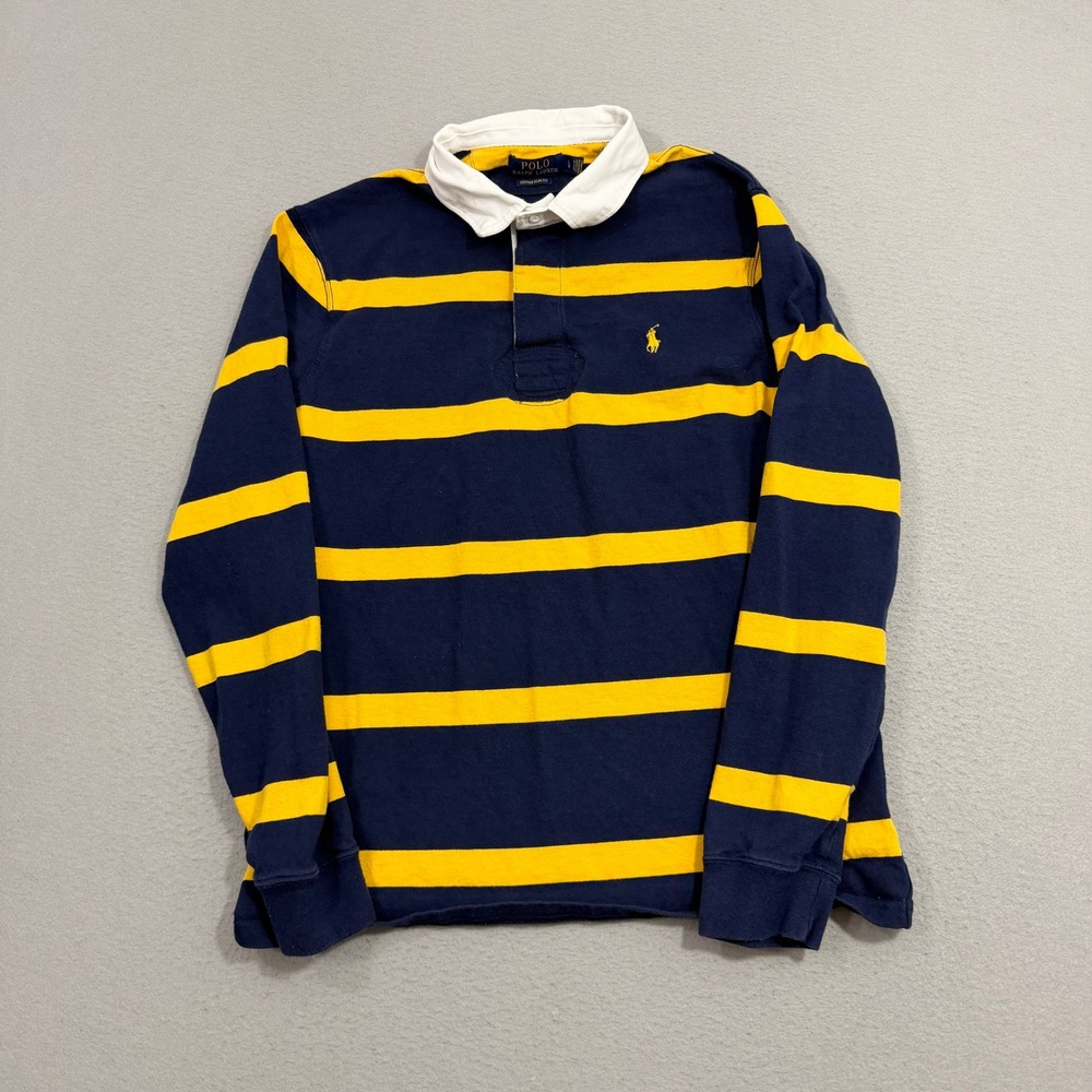 Polo Ralph Lauren Rugby Shirt Large Navy Blue Yellow Striped Custom Slim Fit LS